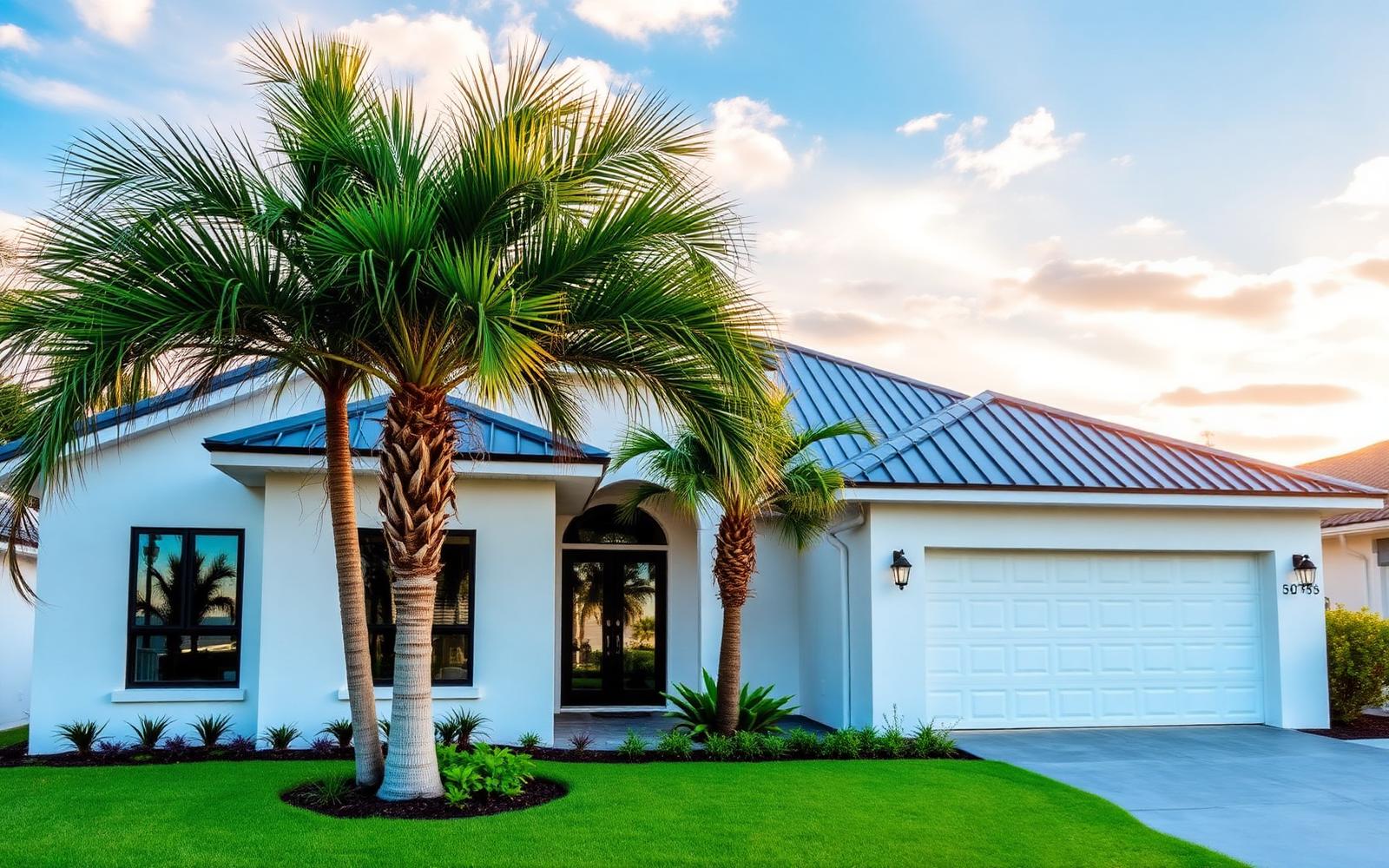 Florida single-family home with palm trees and metal roof